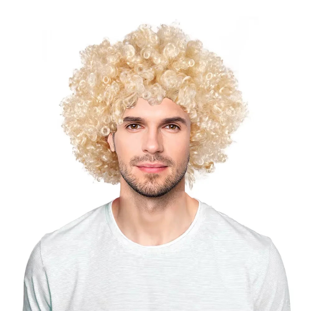 Men's Synthetic Short Afro Curly Blonde Wig Halloween Costume Party Cosplay High Temperature Fiber Good Vibrations