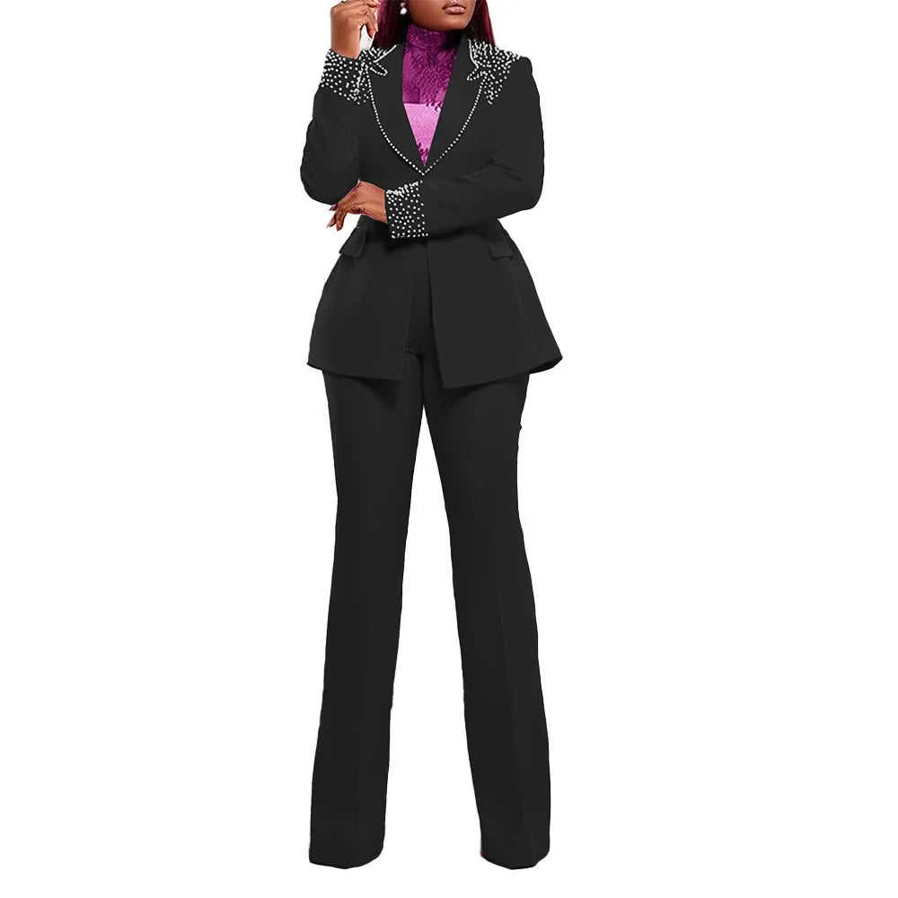 K3332 High Quality Ladies Suits Office Wear Beaded Long Sleeve Slim Elastic Suit and Pants Two Piece Blazer Set Business Suits Good Vibrations