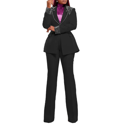 K3332 High Quality Ladies Suits Office Wear Beaded Long Sleeve Slim Elastic Suit and Pants Two Piece Blazer Set Business Suits Good Vibrations