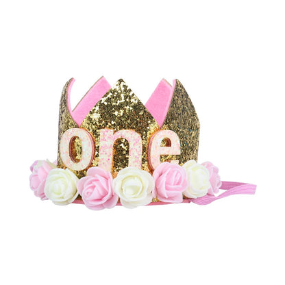 Baby Birthday Decoration Girl 1 2 3 Years Crown Hat Pink White Flower Sequins Crown 1st birthday Photo Prop Happy Birthday Gifts Good Vibrations