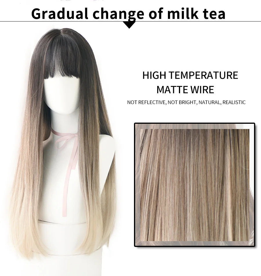 7JHHWIGS Long Wavy Synthetic Black Wigs For Women With Fringe Fashion Heat Resistant Mid-Length Daily Straight Light Brown Hair Good Vibrations