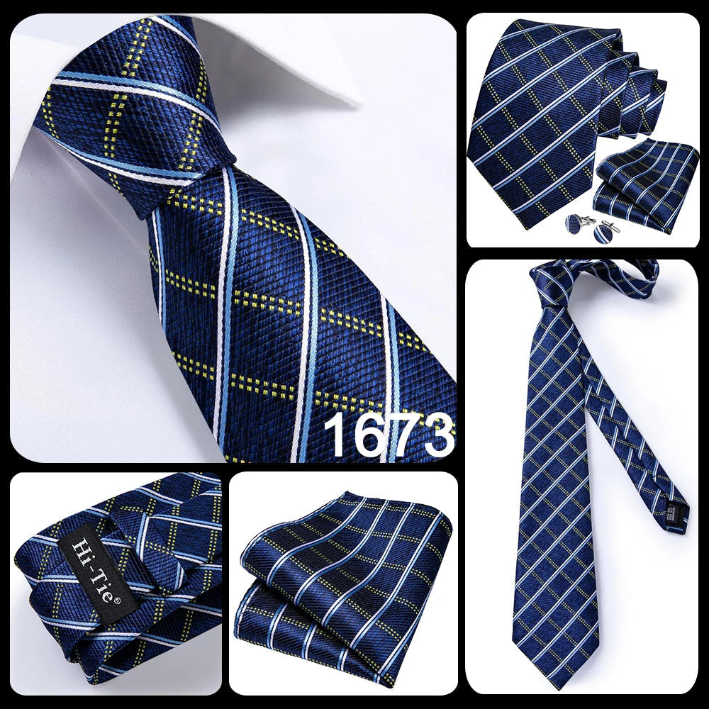 Hi-Tie Navy Blue Solid Paisley Silk Wedding Tie For Men Hanky Cufflink Mens Necktie Set Business Party New Design Dropshipping Good Vibrations