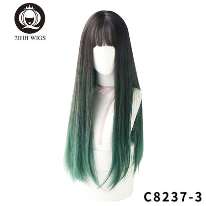 7JHHWIGS Long Wavy Synthetic Black Wigs For Women With Fringe Fashion Heat Resistant Mid-Length Daily Straight Light Brown Hair Good Vibrations