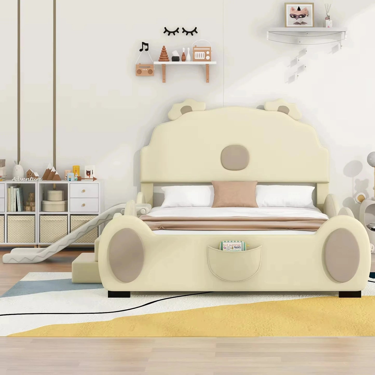 Modern Full-Size Upholstered Platform Bed Set with Piglet Shape Headboard and Bunk Bed Slide Beige for Children's Bedroom Good Vibrations