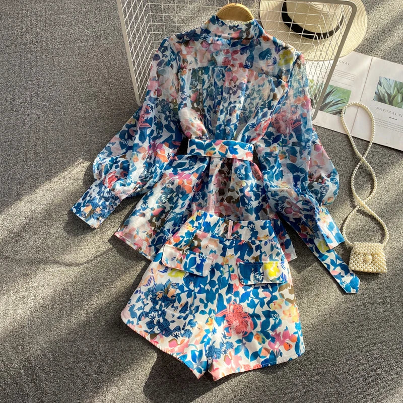 Women Set Lantern Sleeve Stand-Up Collar Shirt Female High-Waisted Wide Leg Shorts Two Piece Set Good Vibrations