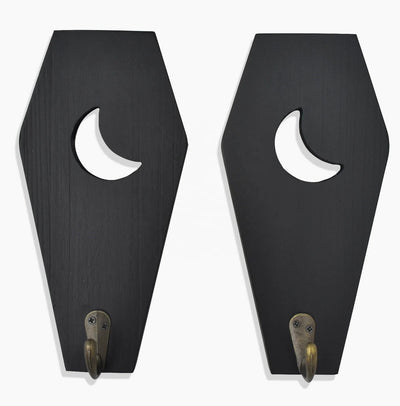 2 PCS Rustic Wall Mounted Coffin Key Holder Spooky Gothic Home Decor Halloween Decor Black Wooden Hanger Hooks for Keys Mugs