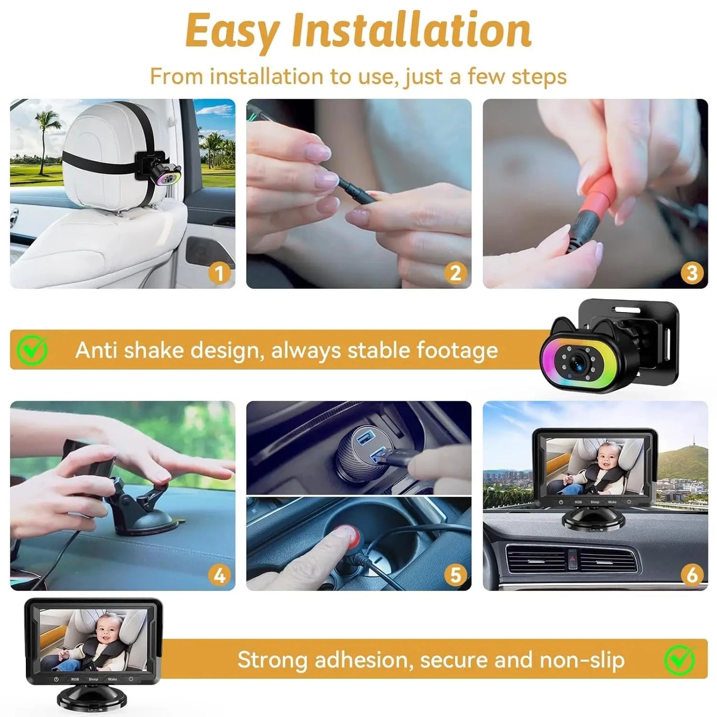 4.3 Inch Security Monitoring Car Backseat Baby Camera Wide Angle HD Night Vision LED Lights LCD Display Good Vibrations