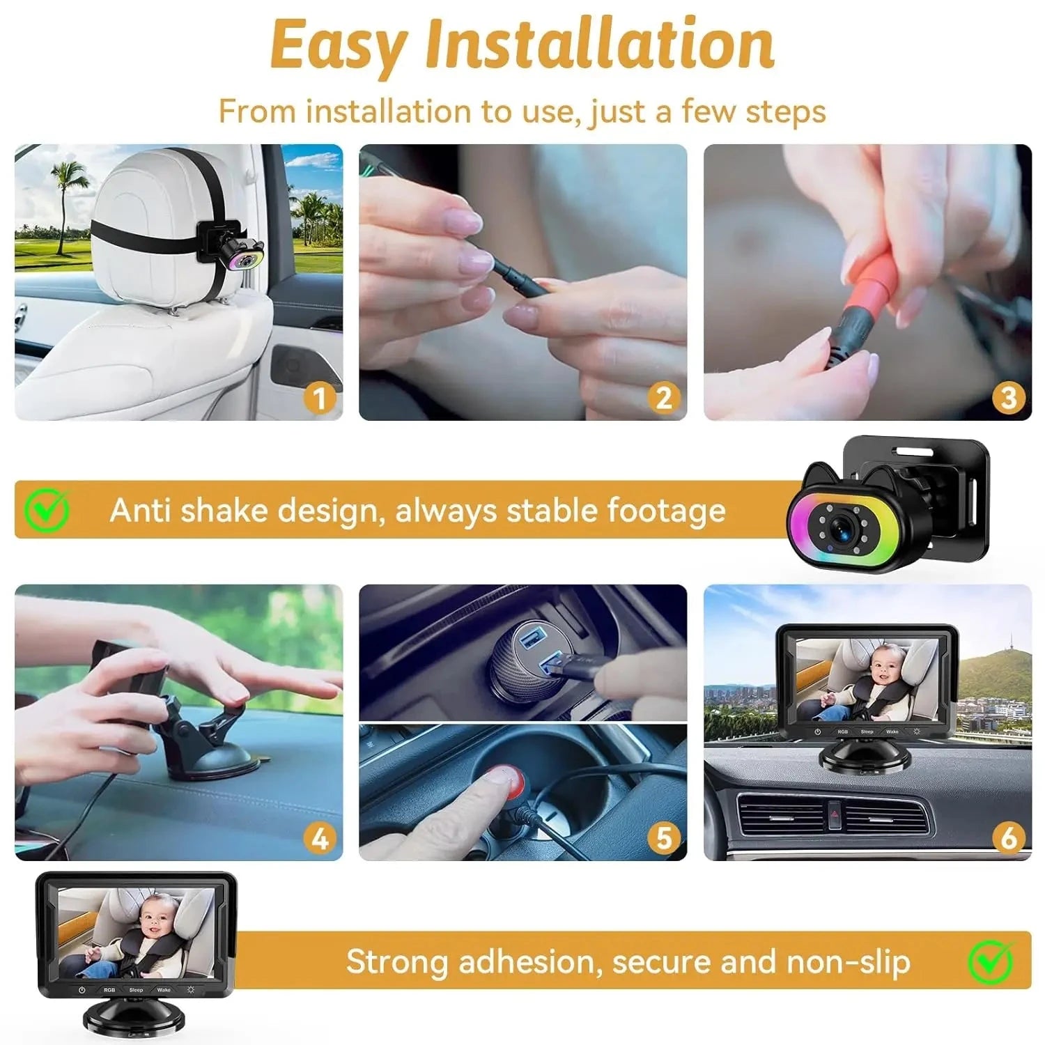 4.3 Inch Security Monitoring Car Backseat Baby Camera Wide Angle HD Night Vision LED Lights LCD Display Good Vibrations