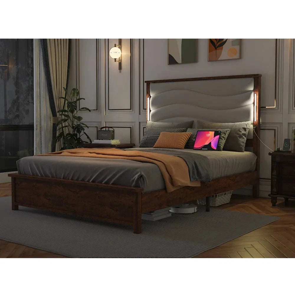 Queen Size Bed Frame with Upholstered Headboard, Charging Station & LED Lights, Wood Slats, Beige Linen,Easy Assembly Good Vibrations