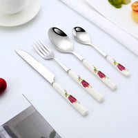 Ceramic Handle Tableware Set Stainless Steel Cutlery Set Steak Knife Fork Coffee Spoon Dessert Dinnerware Rose Flowers Pattern Good Vibrations