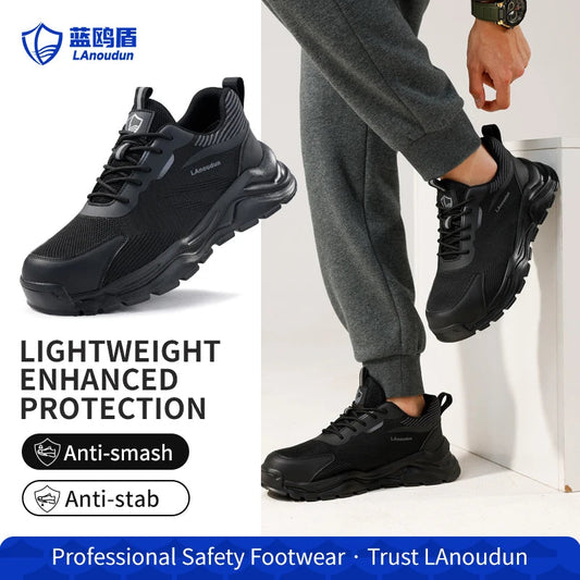 Lanoudun Assembly Line Safety Shoes For Men Black Steel Toe Puncture Resistant EN Standard Cap Microfiber Good Vibrations