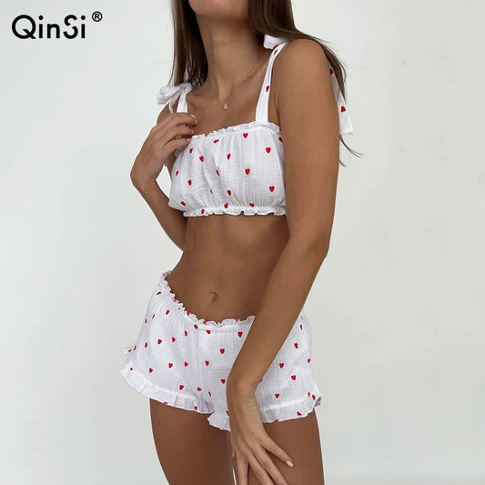 QINSI Summer Sexy Pajamas for Women Set Cotton Print Sleeveless Soft Short Top Shorts 2 Piece Set Women Sexy Women Underwear Good Vibrations