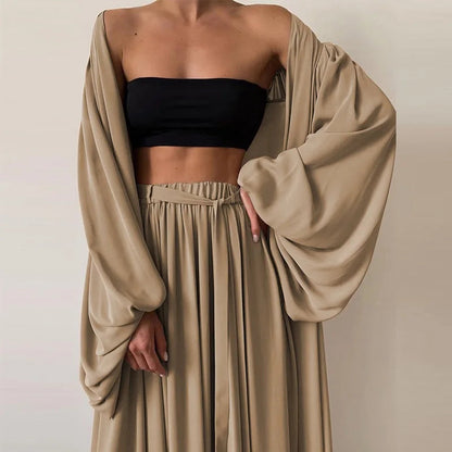 Women 3 Piece Sets Homewear Fashion Casual Lantern Sleeve Cardigan Tops+Wide Leg Pants Suits Lady Spring Soft Three Piece Outfit Good Vibrations