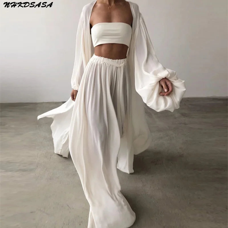 Women 3 Piece Sets Homewear Fashion Casual Lantern Sleeve Cardigan Tops+Wide Leg Pants Suits Lady Spring Soft Three Piece Outfit Good Vibrations