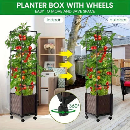 Raised Garden Bed Planter Box with Trellis,Self-Watering Tomato Cage Planters for Garden Climbing Plants Vegetable Vine Flower Good Vibrations