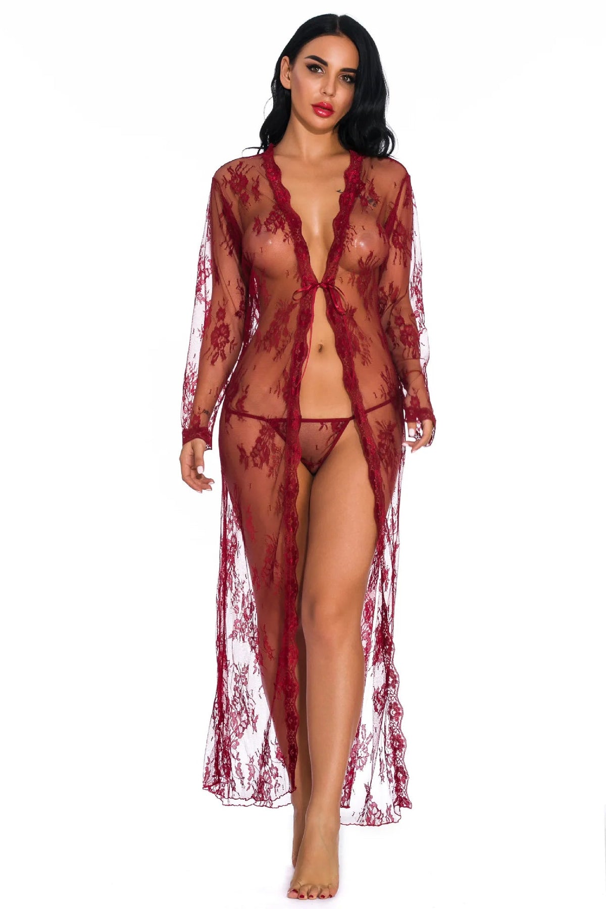 Women Set with Lace Trim Sexy Cardigan Robes Pajamas Young Girls Night Dress Sexy Lingerie Transparent Long Sleeve Woven Adults Good Vibrations