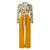 Two Piece Set Women Clothing Print Polo Collar Long Sleeve Shirt Top + Wide Leg Pants 2 Piece Set Women Outfits for Women Good Vibrations