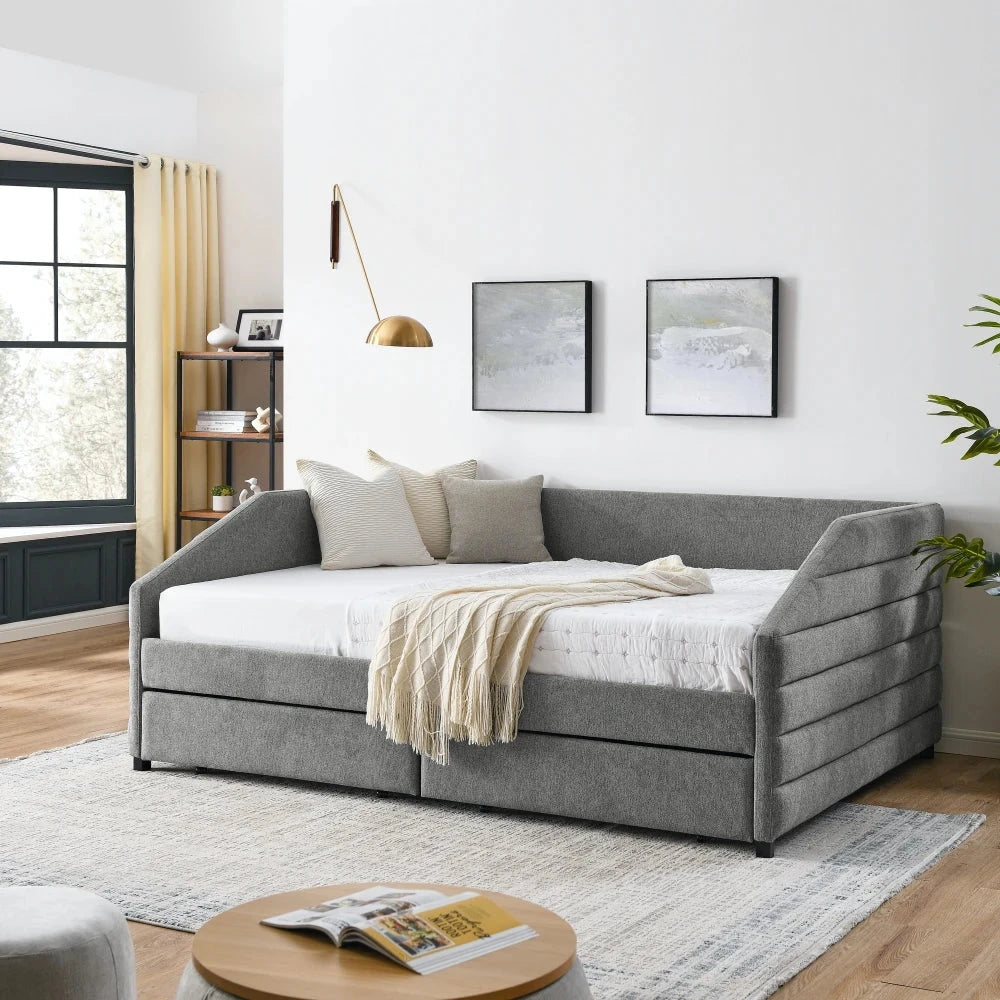 Queen Size Daybed with Two Drawers Trundle Upholstered Tufted Sofa Bed Linen Fabric Living Room Furniture Good Vibrations