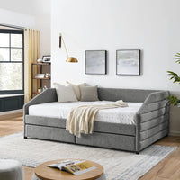 Queen Size Daybed with Two Drawers Trundle Upholstered Tufted Sofa Bed Linen Fabric Living Room Furniture Good Vibrations