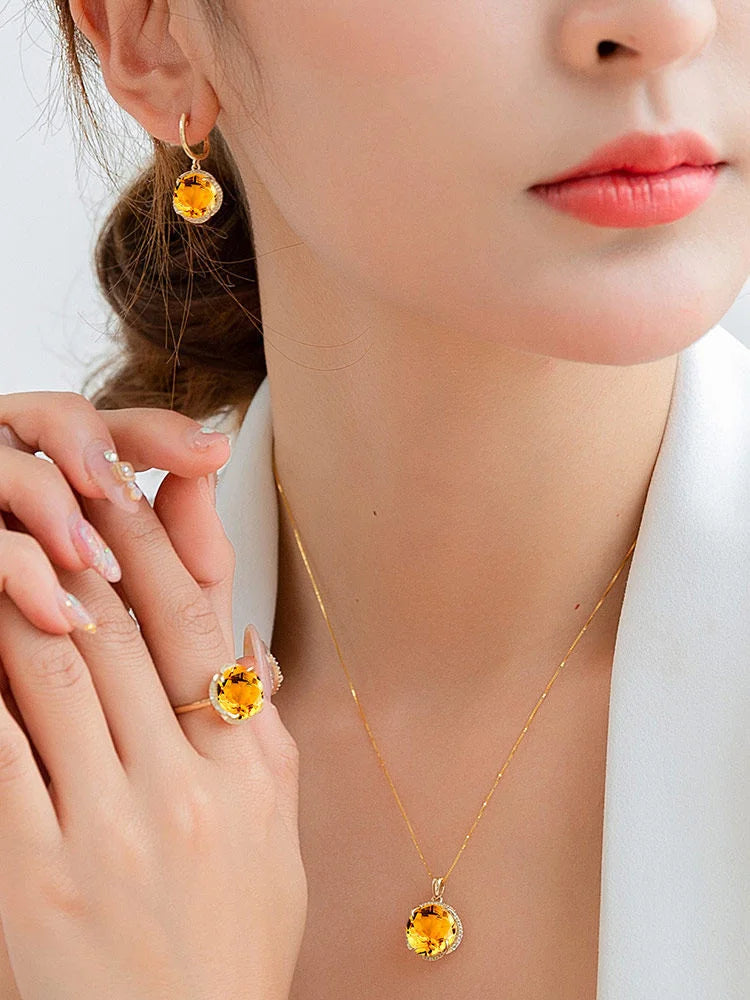 JoiasHome Charms Jewelry Sets for Women Fashion Yellow Crystal Ring Earrings Necklace Female Party Silver 925 Jewelry Wholesale Good Vibrations