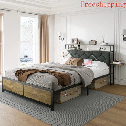 Queen Bed Frame with Storage Headboard, Built-in Charging Station, RGB LED Lights, Side Shelf, No Box Spring Needed Good Vibrations