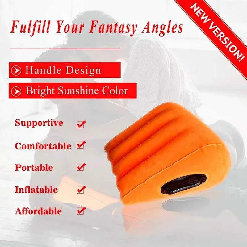 Bright orange inflatable wedge pillow for adult intimate support and comfort.