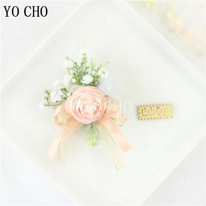 Wedding Groom Boutonniere Bride Bridesmaid Women Hand Wrist Flower Silk Rose Boutonniere Buttonhole for Marriage Party Flower Good Vibrations