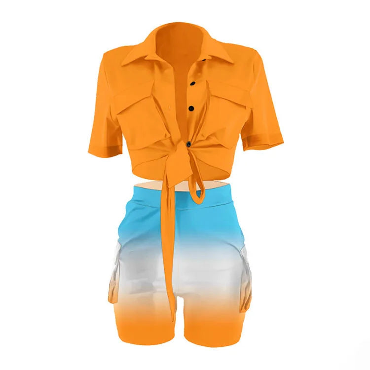 S293 Summer New Designer Polo Short Sleeve Crop Top Shirt Short Two Piece Set Casual Street Wear Women Outfits Good Vibrations