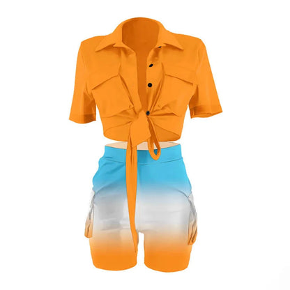 S293 Summer New Designer Polo Short Sleeve Crop Top Shirt Short Two Piece Set Casual Street Wear Women Outfits Good Vibrations