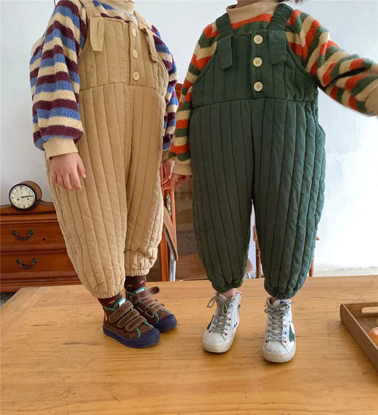 2021 Autumn Winter unisex solid color quilted overalls Korean style boys and girls warm thick casual suspender trousers 2-6Y Good Vibrations