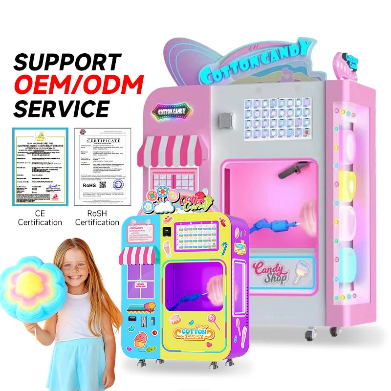 JoyFunplay Factory Custom OEM Flower Make Cotton Candy Vending Machine fairy Floss Maker Combo Candy Snack Vending Machine Good Vibrations