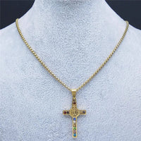 Catholic Jesus Cross Stainless Steel Necklace Saint Benedict Crystal Virgin Mary Pendant Crucifix Male Necklaces Jewelry cruz Good Vibrations