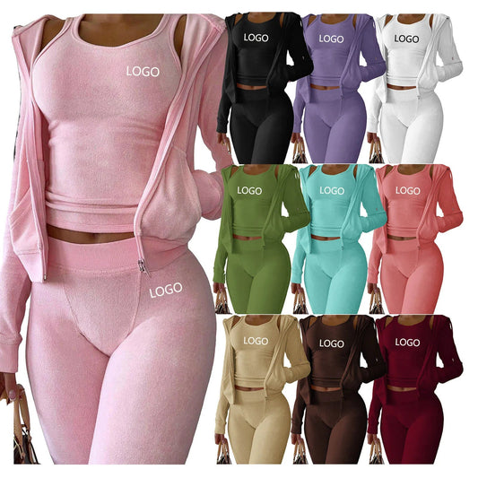 Custom High Waisted Tracksuit Casual Solid 3pc Women Set Jogger Skiny Long Sleeve 3 Piece Suit Fall Clothing for Women Ladies Good Vibrations