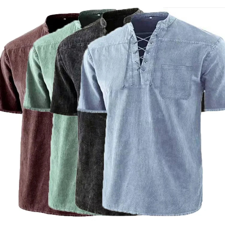 Men's Pirate Shirt Steampunk Retro Lace-Up Shirt Medieval T-Shirts Casual Tunic Tops Tee Gothic Halloween Costume Good Vibrations