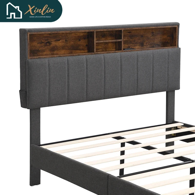 Free Shipping US Warehouse Linen Fabric Full-Size Murphy Bed with Storage Headboard Upholstered Platform Bed & USB Port Good Vibrations