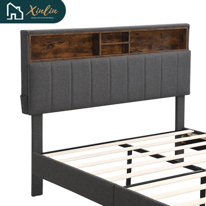 Free Shipping US Warehouse Linen Fabric Full-Size Murphy Bed with Storage Headboard Upholstered Platform Bed & USB Port Good Vibrations