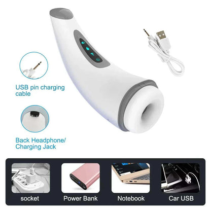 Automatic male masturbator with suction cup and heating features, USB charging cable included.