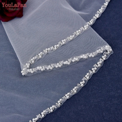 YouLaPan V175 R Fashion Bridal Beaded Veil Fingertips Long Crystal Pearl Trim Short Single Layer Veil Ivory Church Wedding Veil Good Vibrations
