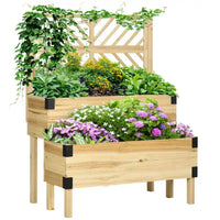 Raised Garden Bed with Trellis, 2 Tier Wooden Elevated Planter Box with Legs and Metal Corners for  Flowers, Natural Good Vibrations