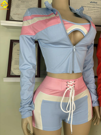 Custom Logo Women Set Short Pants and Sports Bra Crop Jacket Tracksuit Loungewear Women 3 Piece Shorts Pants Set  for Elasticity Good Vibrations