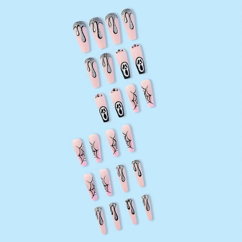24pcs Halloween Style Grim Reaper Skull Spider Web Nail Stickers European American Personality ABS Removable Nail Tips Fingers Good Vibrations
