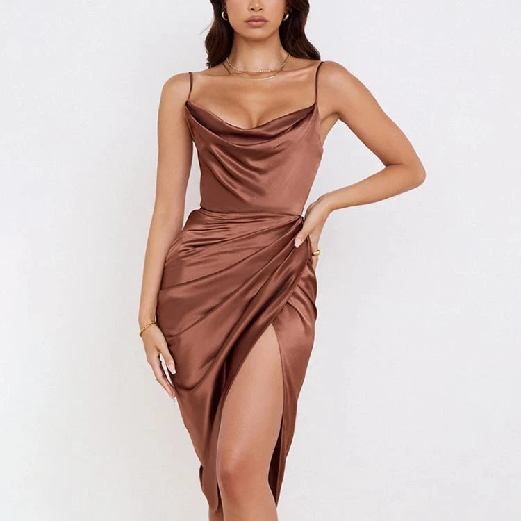 Enyami Summer Streetwear Elegant Club Satin Prom Women Midi Sundress High Slit Ruched Elegant Bodycon Sexy Party Slip Dress Good Vibrations