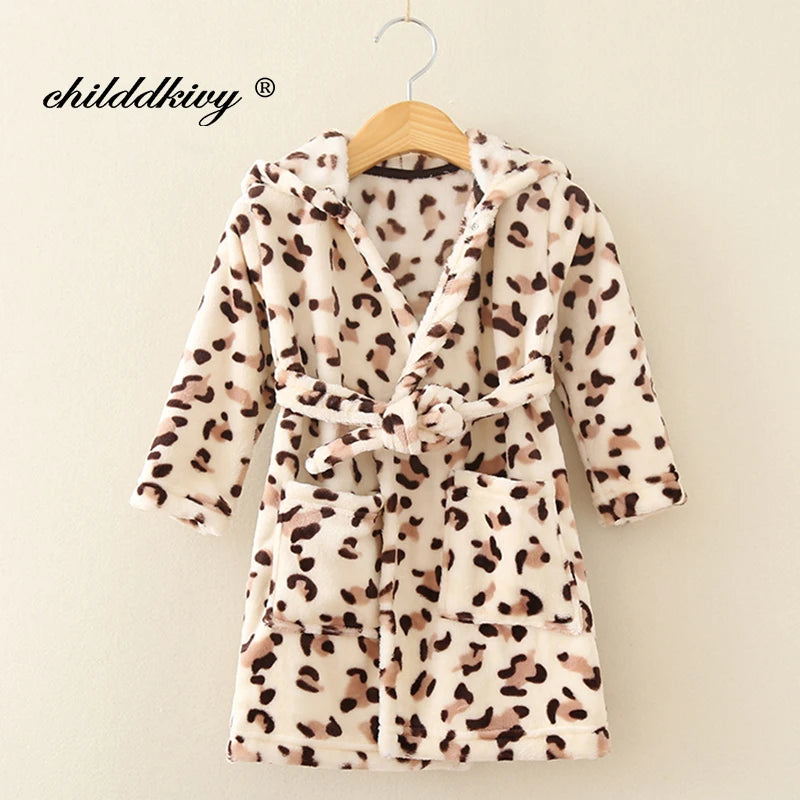 Boy and Girls Flannel Pajamas Robe Autumn and Winter Children Sleepwear Soft Hooded Kids Homewear 2-8 Years Good Vibrations