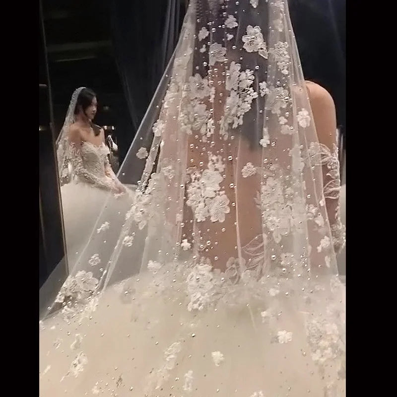 Feishiluo Luxury One-Layer 350 cm Long Cathedral Full Flower Lace Wedding Veil Comb Bead Diamond Bridal Veil Good Vibrations