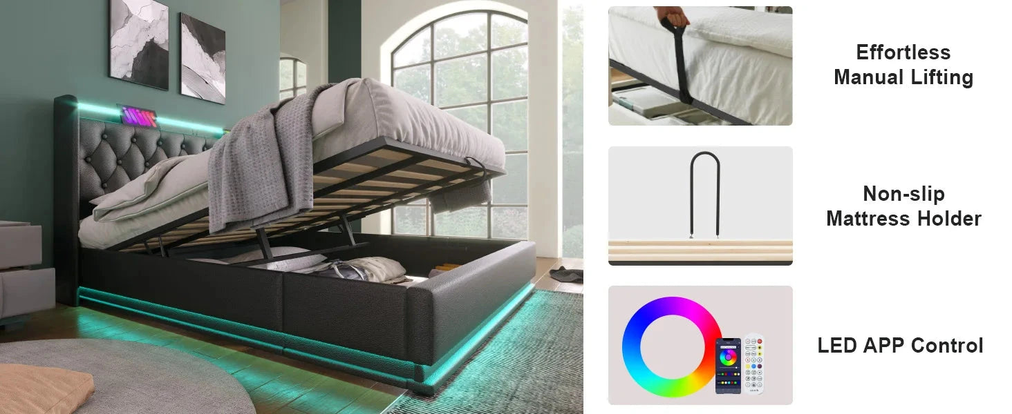 King Size Upholstered Bed 360 Surround LED Function Buttons Apps and Remote Control Good Vibrations