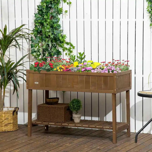 43x18x30in Raised Garden Bed with 8 Pockets and Shelf, Wooden Elevated Planter Box with Legs to Grow Herbs Flowers, Dark Brown Good Vibrations