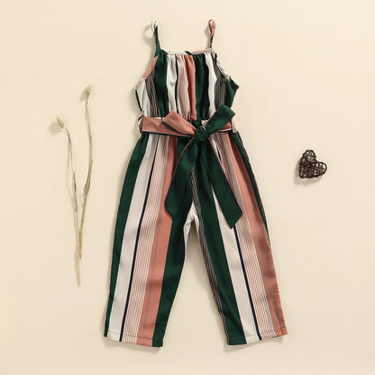 Girls Casual Bandage Sleeveless Suspender Jumpsuit Summer Fashion Stripe Printing Overalls Long Pants Children's Clothing Good Vibrations