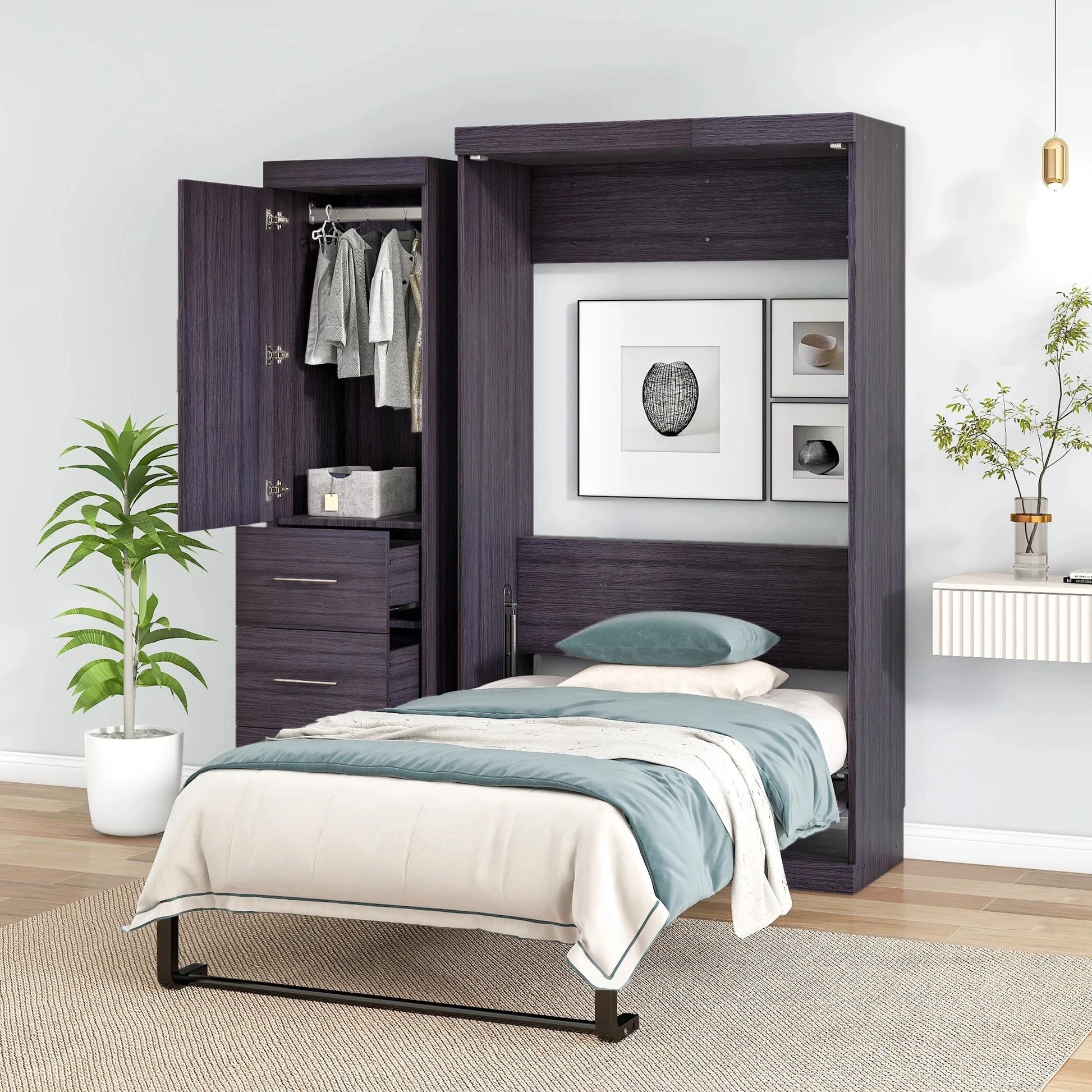 Gray Twin Size Murphy Bed With Wardrobe and Drawers Folded Into a Cabinet With Storage Product Category Murphy Beds Good Vibrations