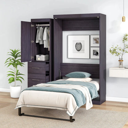 Gray Twin Size Murphy Bed With Wardrobe and Drawers Folded Into a Cabinet With Storage Product Category Murphy Beds Good Vibrations