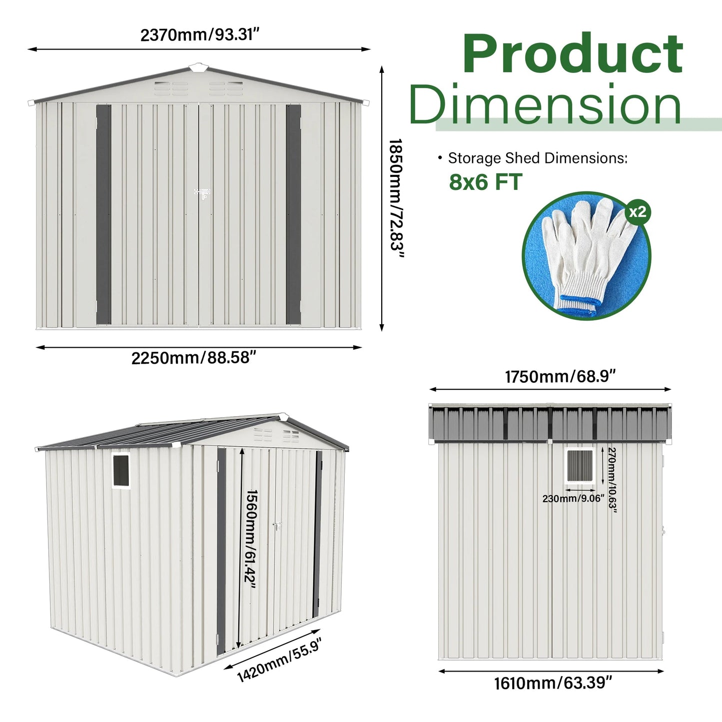 6X8FT Durable Garden Storage Shed with Lockable Doors & Gable Roof Easily Assembled Steel Frame for Backyard Tool Room Good Vibrations